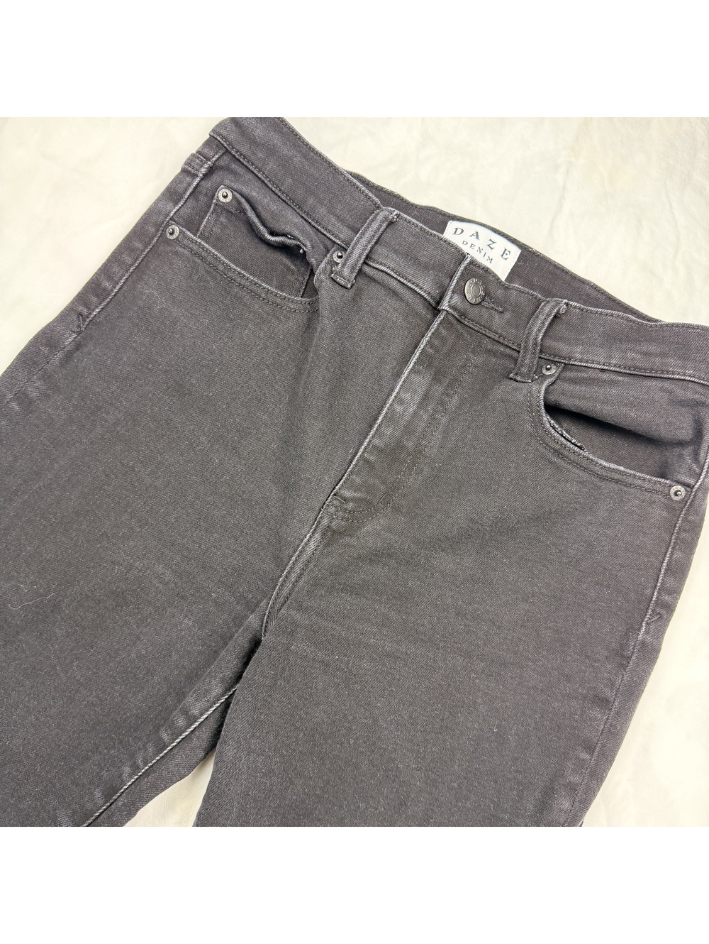 DAZE Shy Girl Jeans 29 Black High Rise Crop Flare Raw Hem After Party Stretch